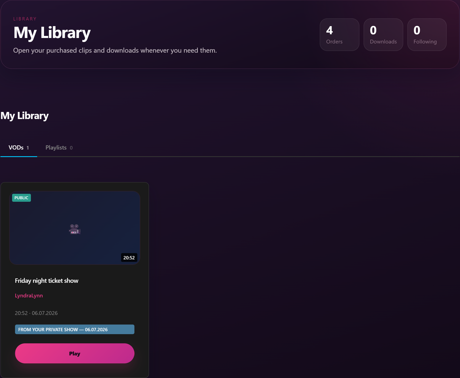 Kunde Meine Bibliothek mit der geöffneten Registerkarte VODs.